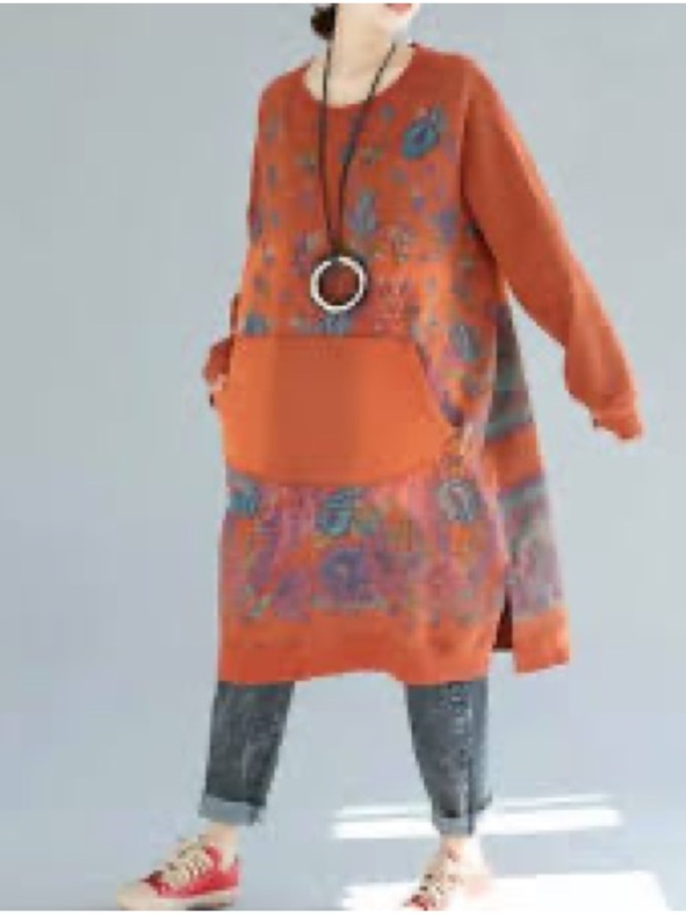 Casual Long-Sleeve Orange Paisley Pocket Knit Dress